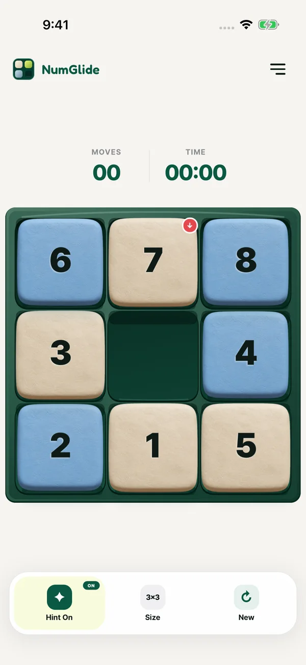 3×3 NumGlide puzzle with a highlighted hint tile.