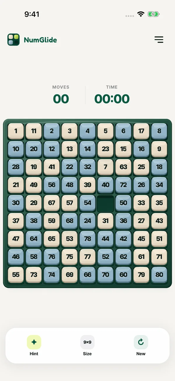 9×9 NumGlide puzzle with 80 numbered tiles and one empty space.
