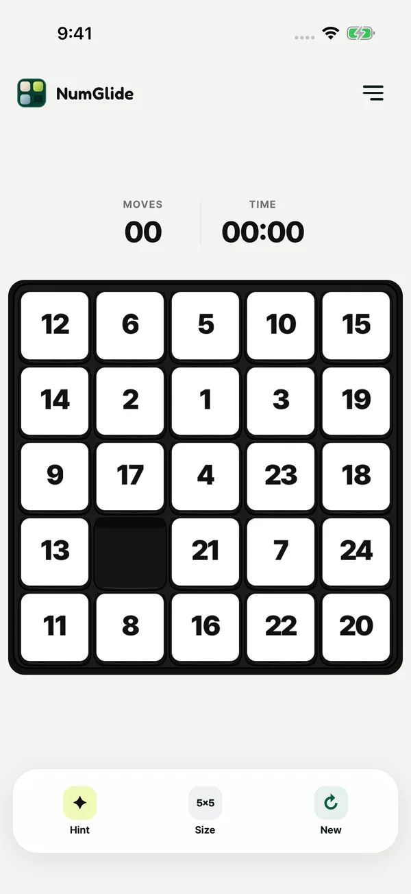 5×5 NumGlide puzzle in the black and white Mono theme.