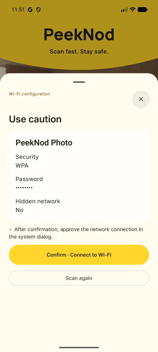 Actual PeekNod Android app showing Wi-Fi details and the confirmation button.